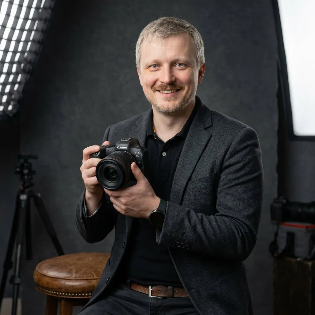 Dominik Kulej, fotograf z Częstochowy, z aparatem podczas uroczystości