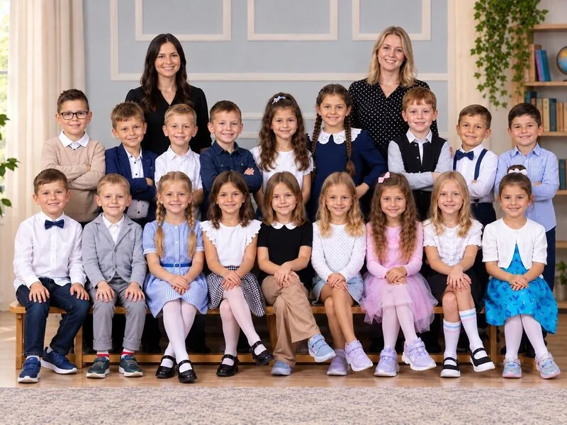 Wspólne zdjęcie grupy przedszkolnej z wychowawczynią — fotografia przedszkolna, Częstochowa