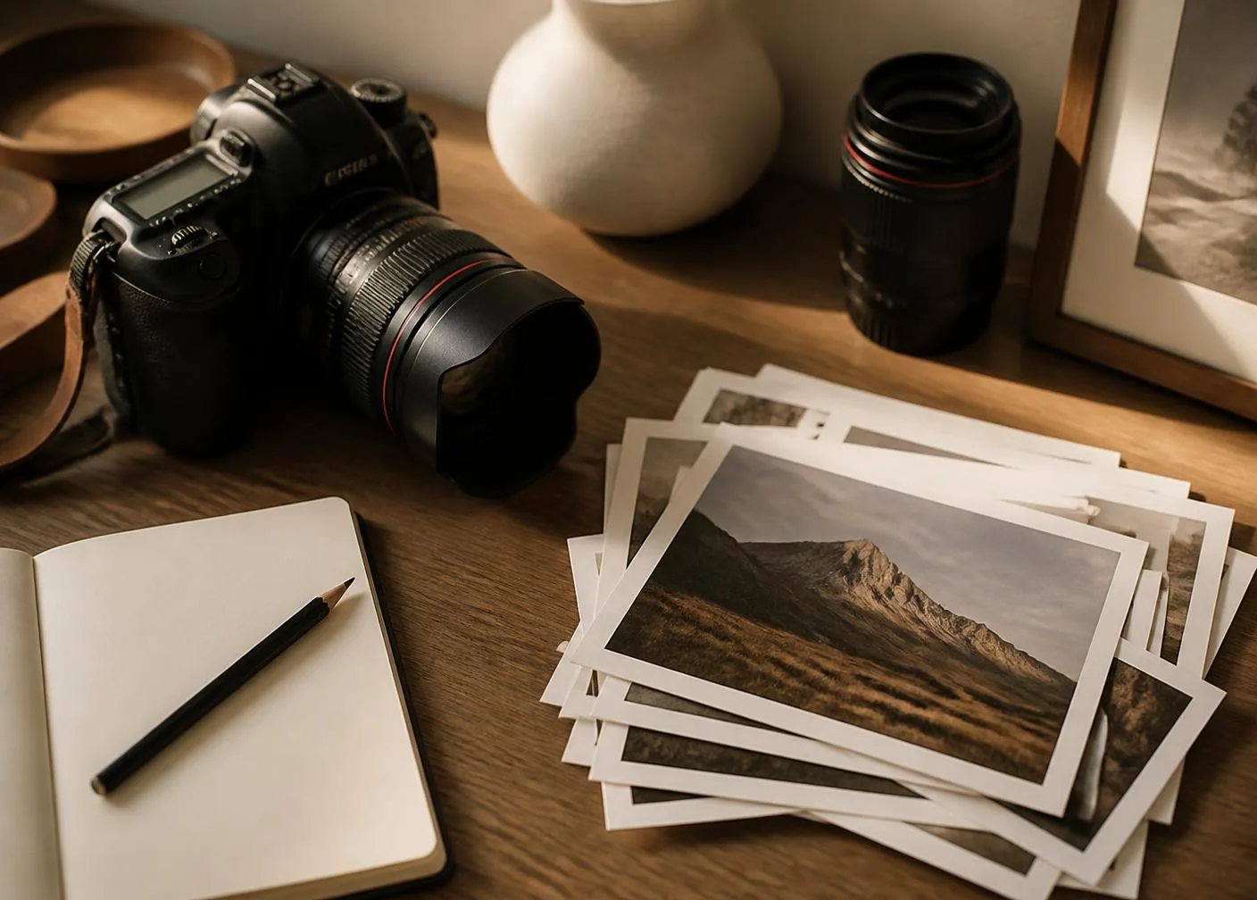 Aparat, obiektyw i wydrukowane odbitki na biurku fotografa z Częstochowy